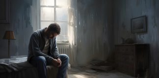 A depressed man sitting on a bed in a messy room with a window, an illustration of despair and sadness