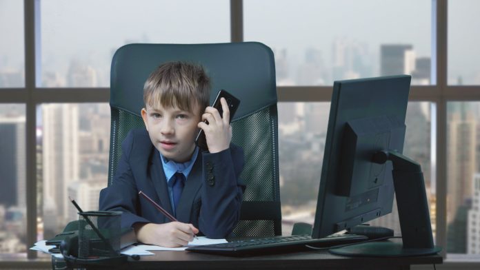 Child,Businessman,With,Suit,And,Tie,Listen,Phone,And,Write