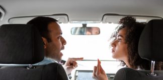 Quarrel,In,Car.,Angry,Middle,Eastern,Couple,Having,Conflict,Expressing